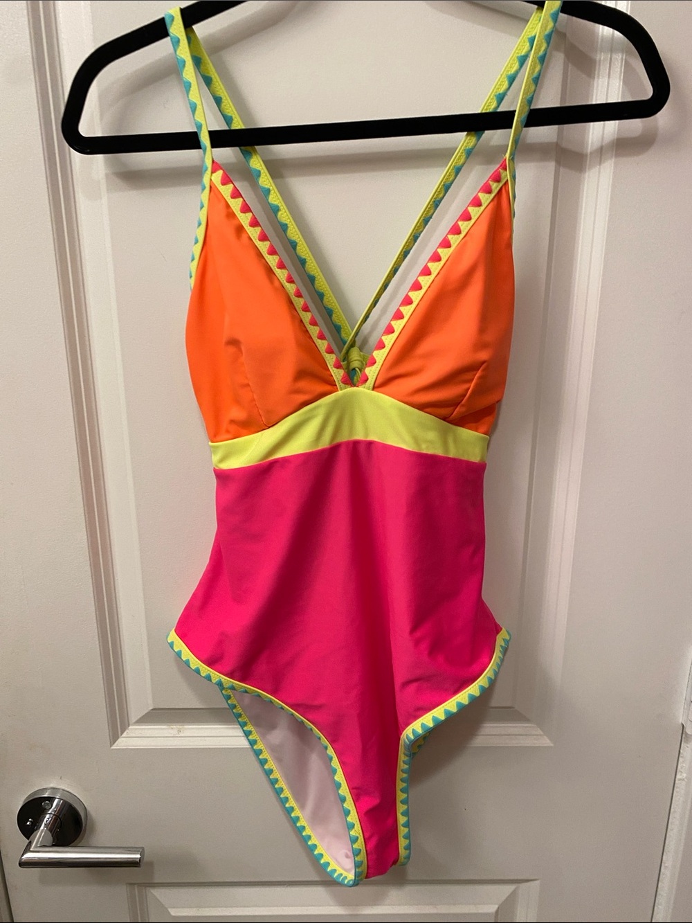 Colorblock V-Neck One-Piece Swimsuit - Pink, Orange & Yellow